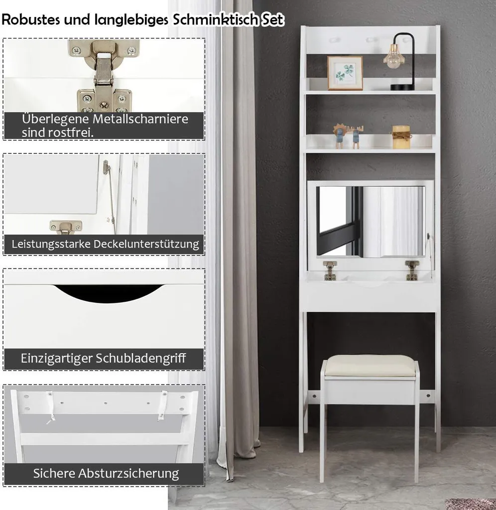 COSTWAY Schminktisch Mit Klappspiegel, Make-up Tisch Leiterregal, Frisiertisch Set Mit Hocker, Frisierkommode Mit Haken Und Ablagefaechern, Schreibtisch Weiss 3 COSTWAY Schminktisch Mit Klappspiegel, Make-up Tisch Leiterregal, Frisiertisch Set Mit Hocker, Frisierkommode Mit Haken Und Ablagefaechern, Schreibtisch Weiss – Bild 3