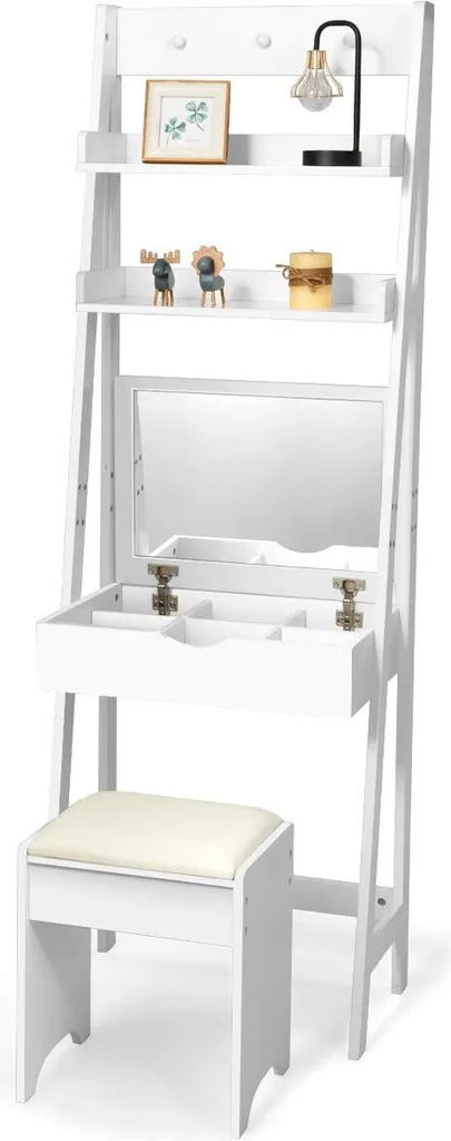 COSTWAY Schminktisch Mit Klappspiegel, Make-up Tisch Leiterregal, Frisiertisch Set Mit Hocker, Frisierkommode Mit Haken Und Ablagefaechern, Schreibtisch Weiss 1 COSTWAY Schminktisch Mit Klappspiegel, Make-up Tisch Leiterregal, Frisiertisch Set Mit Hocker, Frisierkommode Mit Haken Und Ablagefaechern, Schreibtisch Weiss