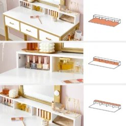 VASAGLE Schminktisch Mit 10 LED-Glühbirnen Und Hocker Einstellbare Helligkeit 90 X 40 X 145,5 Cm Frisiertisch Kosmetiktisch Mit Spiegel Modern Weiß-goldfarben RVT014A10 -Vidaxlko Verkaufe 452d93947097350a6b3a9675e182e4da