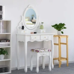 Meerveil Schminktisch Mit Spiegel Und Hocker, Frisierkommode, Aushöhlen Geschnitzter, Frisiertisch Mit 4 Schubladen, Rutschfeste Aufkleber, Weiß -Vidaxlko Verkaufe 45561dde5473ad8507d29a619cc12e01
