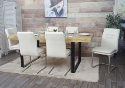 6er-Set Esszimmerstuhl MCW-H70, Küchenstuhl Freischwinger Stuhl, Stoff/Textil Edelstahl Gebürstet Creme-beige