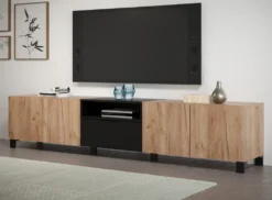 TV-Lowboard "Kendo" In Eiche Tabak Und Schwarz Matt Flat-TV Unterschrank Groß, 227 X 47 Cm