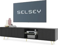 Selsey TV-Lowboard Bello Schwarz Mit Weißer LED-Beleuchtung Lamellenfront Goldene Füße 175 Cm Breit -Vidaxlko Verkaufe 55bbee3e464ceb8ef04fe83b3c12aa70