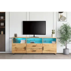 Merax TV-Schrank Lowboard Mit 2 Schubladen, 2 Türen Und Verstellbaren Füße, TV Schrank Mit LED-Beleuchtung Inkl. Fernbedienung, Stehend, 138cm, Oak -Vidaxlko Verkaufe 57675790df993c8b224108badeb14a63