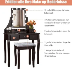 COSTWAY Schminktisch Mit Hocker, 360° Drehbarem Spiegel Und 10 Dimmbaren LED-Birnen, Frisiertisch Mit 5 Schubladen Und Organisator, Kosmetiktisch Aus Tisch Und Abnehmbarer Oberteil (Braun) -Vidaxlko Verkaufe 584054d50e419fefa39cf24f7efd1b86