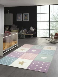 Kinderzimmer Teppich Herz Stern Bunt Größe - 80x150 Cm