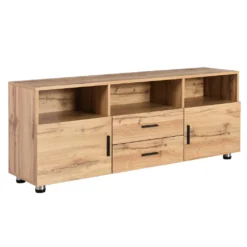 Merax TV-Schrank Lowboard Mit 2 Schubladen, 2 Türen Und Verstellbaren Füße, TV Schrank Mit LED-Beleuchtung Inkl. Fernbedienung, Stehend, 138cm, Oak -Vidaxlko Verkaufe 5abc22664684c7f639bec84be4d39999