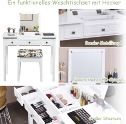 COSTWAY Schminktisch Frisiertisch Set Mit Klappspiegel Und 3 Schubladen, Frisierkommode Kosmetiktisch Mit Gepolstertem Hocker, Waschtisc Make Up Tisch, Weiß 6 COSTWAY Schminktisch Frisiertisch Set Mit Klappspiegel Und 3 Schubladen, Frisierkommode Kosmetiktisch Mit Gepolstertem Hocker, Waschtisc Make Up Tisch, Weiß -Vidaxlko Verkaufe 5d499251d132d048e00910ce3f9740ad