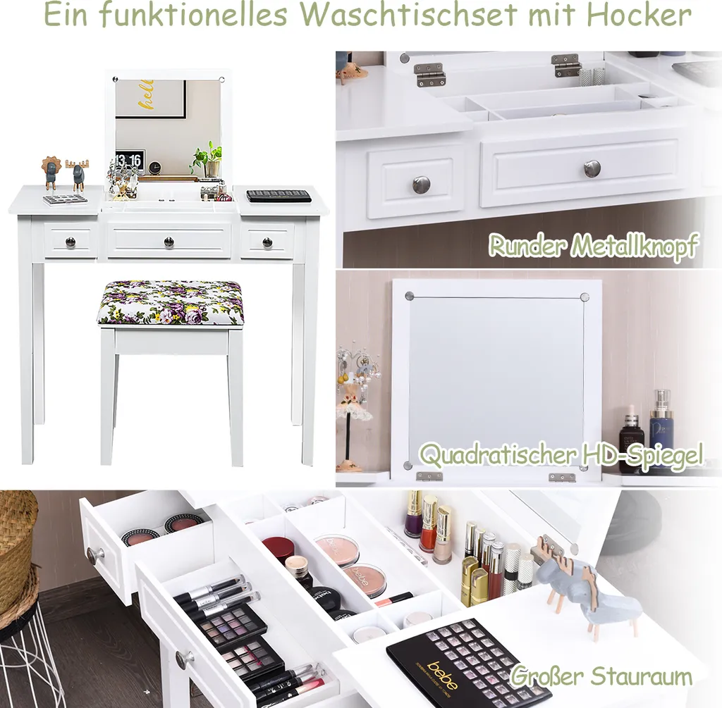 COSTWAY Schminktisch Frisiertisch Set Mit Klappspiegel Und 3 Schubladen, Frisierkommode Kosmetiktisch Mit Gepolstertem Hocker, Waschtisc Make Up Tisch, Weiß 3 COSTWAY Schminktisch Frisiertisch Set Mit Klappspiegel Und 3 Schubladen, Frisierkommode Kosmetiktisch Mit Gepolstertem Hocker, Waschtisc Make Up Tisch, Weiß – Bild 3
