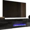 Mirjan24 TV-Lowboard Slide 200 Mit Elektrischem Kamin, Stilvoll TV Schrank, TV Tisch, LED-Flamme (Farbe: Schwarz Matt / Schwarz Hochglanz)