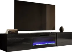 Mirjan24 TV-Lowboard Slide 200 Mit Elektrischem Kamin, Stilvoll TV Schrank, TV Tisch, LED-Flamme (Farbe: Schwarz Matt / Schwarz Hochglanz)