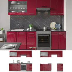 Vicco Küchenzeile Fame-Line Anthrazit Bordeaux-Rot Hochglanz 240 Cm Holzwerkstoff