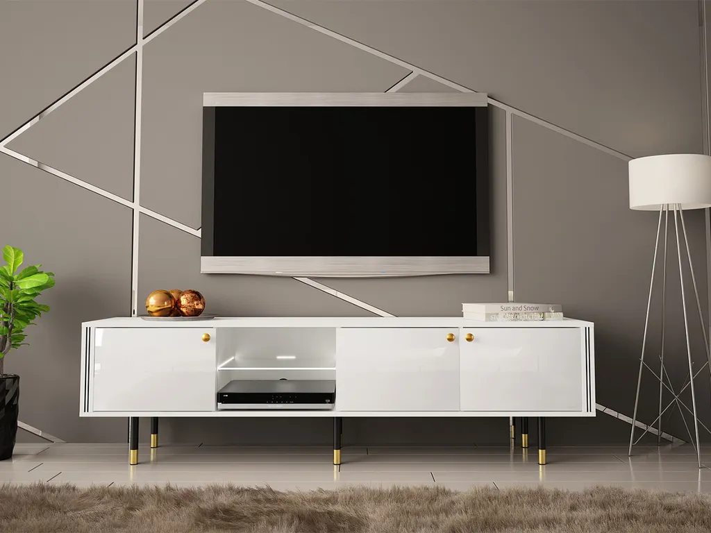 Mirjan24 TV-Lowboard Crystal RTV 180 03 Mit LED-Beleuchtung, TV-Tisch Mit 3 Türen, Metallfüße, Runde Gold Griffe (Farbe: Weiß / Weiß Hochglanz) 5 Mirjan24 TV-Lowboard Crystal RTV 180 03 Mit LED-Beleuchtung, TV-Tisch Mit 3 Türen, Metallfüße, Runde Gold Griffe (Farbe: Weiß / Weiß Hochglanz) – Bild 5