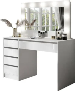 Schminktisch MADI Frisiertisch Kommode Mit LED-Beleuchtung Spiegel, Schublade Weiß/ Weiß -Vidaxlko Verkaufe 62e194ec9ee7424e46a5b6642ce177ca