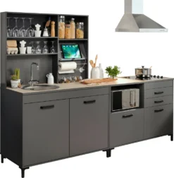 Küche "Moove2" In Grau Und Eiche Hell Küchenzeile 240 Cm, Single-Küche Theke Und Regal -Vidaxlko Verkaufe 643c8eee34da5981305ced820aeb433f