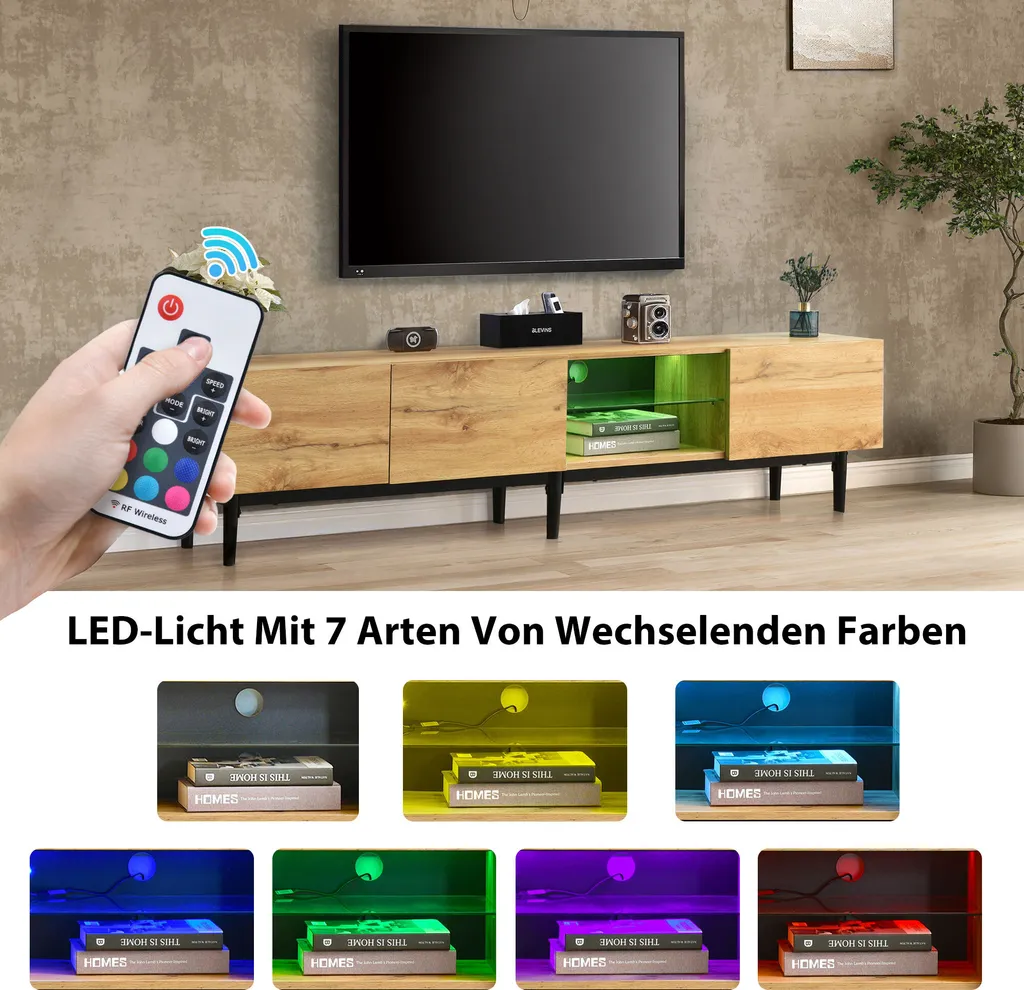 Merax TV Schrank Fernsehschrank TV-Lowboard In Holzoptik Wotan Eiche Matt Mit Variabler LED-Beleuchtung Und 3 Türen, Stehend, 175 Cm Breit 4 Merax TV Schrank Fernsehschrank TV-Lowboard In Holzoptik Wotan Eiche Matt Mit Variabler LED-Beleuchtung Und 3 Türen, Stehend, 175 Cm Breit – Bild 4