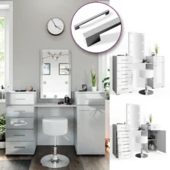 Vicco Schminktisch Zoe Frisiertisch Frisierkommode Spiegel Weiß Hochglanz Inklusive Hocker Und LED-Lichterkette