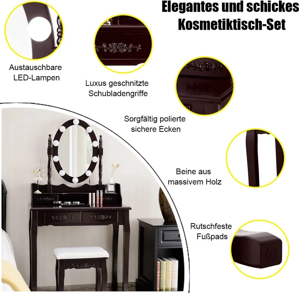 COSTWAY Schminktisch Set Mit 10 LED-Leuchten, Frisiertisch Mit Spiegel Und Schminkhocker, Helligkeit Einstellbar, Kosmetiktisch Mit 4 Schubladen Für Schlafzimmer, Make Up Tisch Holz (Braun) 4 COSTWAY Schminktisch Set Mit 10 LED-Leuchten, Frisiertisch Mit Spiegel Und Schminkhocker, Helligkeit Einstellbar, Kosmetiktisch Mit 4 Schubladen Für Schlafzimmer, Make Up Tisch Holz (Braun) – Bild 4