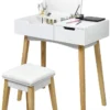 GOPLUS Schminktisch Mit Aufklappbarem Spiegel, Kosmetiktisch Mit Schublade, Inkl. Gepolstertem Hocker, Tisch-Set Mit Massivholzbeine, Für M?dchen & Damen, Wei?, 70 X 40 X 115cm