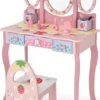 COSTWAY Kinder Schminktisch Set, Prinzessin Frisiertisch Mit Klappbarem Spiegel, Schminkhocker Und 3 Schubladen, Make-up Schminktisch Frisierkommode Für Kinder Mädchen (Pink)