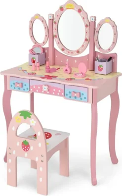 COSTWAY Kinder Schminktisch Set, Prinzessin Frisiertisch Mit Klappbarem Spiegel, Schminkhocker Und 3 Schubladen, Make-up Schminktisch Frisierkommode Für Kinder Mädchen (Pink)