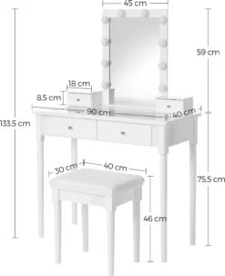 VASAGLE Schminktisch, Frisiertisch-Set, Gepolsterter Hocker Und 10 Dimmbare Glühbirnen, 2 Große Und 2 Kleine Schubladen, Transparente Tischplatte Aus Hartglas Weiß RDT172W01 -Vidaxlko Verkaufe 6a06daa19e14ba3e87d2b3ea2155dea3