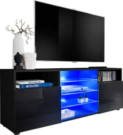 Extreme Furniture T38 TV Schrank | Wohnzimmerschrank Mit 3 Glasböden Und 2 Türen Schwarzer Korpus & Schwarze Fronten