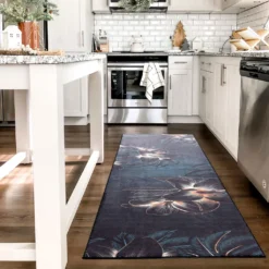 Mynes Home Küchenteppich Waschbar Küchenläufer Rutschfest Teppich Läufer Blau Schwarze Blume-50x180 Cm -Vidaxlko Verkaufe 6b7f72776b20b1de9a3218c507f4aaea