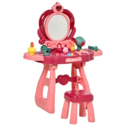 HOMCOM Kinderschminktisch Mit Spiegel Hocker Frisiertisch Mit Reichhaltigem Zubehör 5 Musikstücke Licht Für Mädchen Ab 3 Jahre Anti-rutsch Platzsparend Kunststoff Weinrot+Rosa 57 X 29 Cm X 70,5 Cm