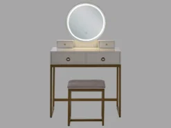 Schminktisch Weiß Und Gold MDF-Platte Mit Metallbeinen Rundem LED-Spiegel 4 Schubladen Hocker Glamour Für Erwachsene Schlafzimmer Jugendzimmer -Vidaxlko Verkaufe 7031ac89e69e31993877d465139b9675