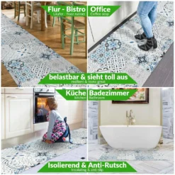 Läufer Küchenläufer Abwischbar Flurläufer Teppichläufer MIRZA Blau Azulejos Robust Breite 48cm Länge 180cm -Vidaxlko Verkaufe 71bb67c478d3741025b3d429dc440232