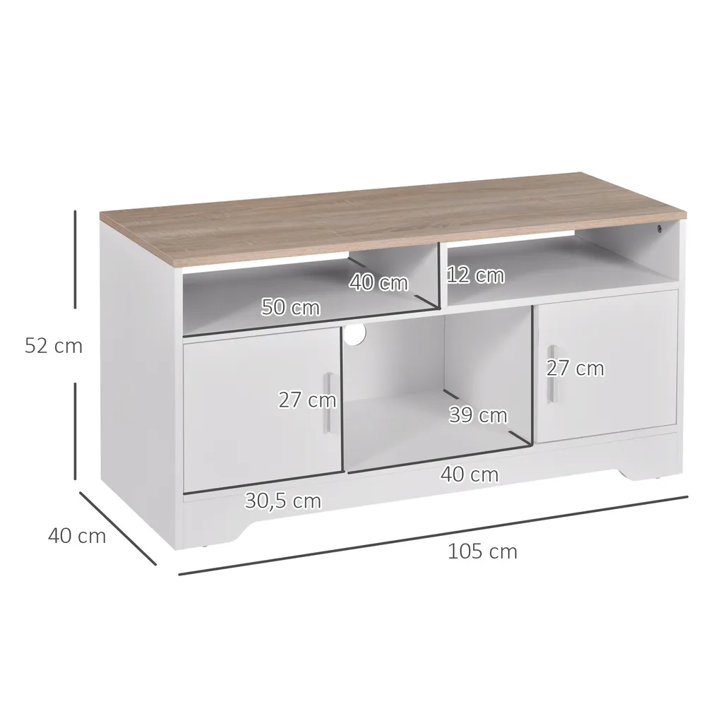 HOMCOM TV-Lowboard Fernsehschrank TV-Bank Mit 2 Schränken Und 3 Offenen TV-Kommode Bis Zu 50 Zoll Fernsehtisch Unterschrank Kabelführungsöffnung Spanplatte Weiß+Naturholz 105 X 40 X 52 Cm 3 HOMCOM TV-Lowboard Fernsehschrank TV-Bank Mit 2 Schränken Und 3 Offenen TV-Kommode Bis Zu 50 Zoll Fernsehtisch Unterschrank Kabelführungsöffnung Spanplatte Weiß+Naturholz 105 X 40 X 52 Cm – Bild 3