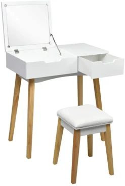 GOPLUS Schminktisch Mit Aufklappbarem Spiegel, Kosmetiktisch Mit Schublade, Inkl. Gepolstertem Hocker, Tisch-Set Mit Massivholzbeine, Für M?dchen & Damen, Wei?, 70 X 40 X 115cm -Vidaxlko Verkaufe 77fa2cef3f111b7c25616980420ea460