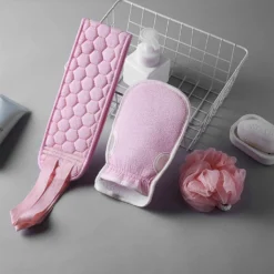 3 Stück/Set Peeling-Handschuhe Und Luffa-Schwamm Zurückversetztes Badetuch(Rosa)