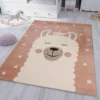 Kinderteppich Teppich Lama König Sterne Spielzimmer Kinderzimmer Babyzimmer Pink Creme Kurzflor Weich Flauschig , Maße:120x170 Cm