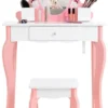 COSTWAY Kinder-Schminktisch Mit Hocker, 2-in-1-Kinder-Schminktisch-Set Aus Holz Mit Spiegel, Schublade & Stifthalter, Make-Up-Tisch Für Kinder Im Alter Von 3-7 Jahren (Weiß)