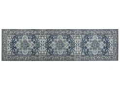 Teppich Läufer Grau / Blau Polyester 80 X 300 Cm Orientalisches Muster Vintage Boho Kurzflor Für Wohnzimmer Schlafzimmer Flur
