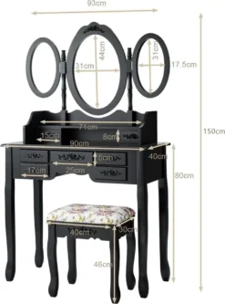 COSTWAY Schminktisch Mit Klappbarer Spiegel, Frisiertisch Set Mit Gepolsterter Hocker, 7 Schubladen Und Offenem Regal, Kosmetiktisch Schminkkommode Für Haus Wohnung (Schwarz) -Vidaxlko Verkaufe 80df88592e9e56212bd10906ce10ed90