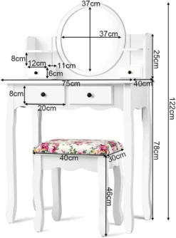 COSTWAY Schminktisch Set Mit Hocker, Kosmetiktisch Mit Um 360° Drehbarem & Abnehmbarem Spiegel, Frisiertisch Schminkkommode Mit Mit 4 Schubladen & 2 Regalen (Weiß) 7 COSTWAY Schminktisch Set Mit Hocker, Kosmetiktisch Mit Um 360° Drehbarem & Abnehmbarem Spiegel, Frisiertisch Schminkkommode Mit Mit 4 Schubladen & 2 Regalen (Weiß) -Vidaxlko Verkaufe 81a01c2f6c9f7c4ba7d19d8d8d118bec