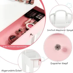 COSTWAY Kinder 2in1 Schminktisch Set Frisiertisch Mit Dreifach Klappbarem Spiegel Schublade Und Schminkhocker Weiß -Vidaxlko Verkaufe 8248c51e72ef075a674625b1086d400d