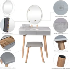Puluomis Schminktisch Mit LED Beleuchtung Spiegel, Kosmetiktisch Frisiertisch Mit Gepolstertem Hocker Und 2 Schubladen, 3 Beleuchtungmodi, Oval Weiß Grau -Vidaxlko Verkaufe 871e25f4998412cba3284a14e29b221c