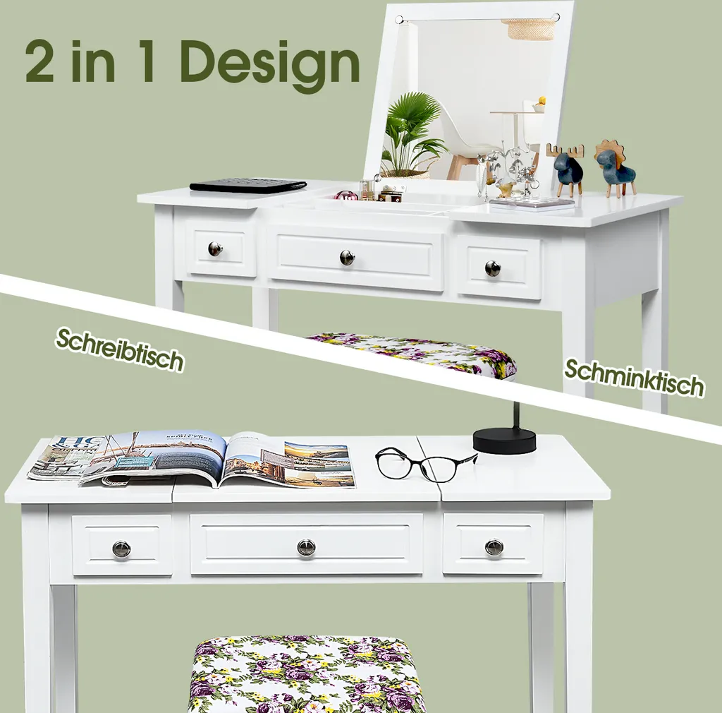 COSTWAY Schminktisch Frisiertisch Set Mit Klappspiegel Und 3 Schubladen, Frisierkommode Kosmetiktisch Mit Gepolstertem Hocker, Waschtisc Make Up Tisch, Weiß 2 COSTWAY Schminktisch Frisiertisch Set Mit Klappspiegel Und 3 Schubladen, Frisierkommode Kosmetiktisch Mit Gepolstertem Hocker, Waschtisc Make Up Tisch, Weiß – Bild 2