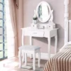 FCH Schminktisch Mit Hocker, 3 Schubladen, 360° Drehbarer Ovaler Spiegel, Für Schlafzimmer, Weiß