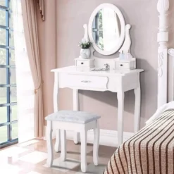 FCH Schminktisch Mit Hocker, 3 Schubladen, 360° Drehbarer Ovaler Spiegel, Für Schlafzimmer, Weiß