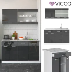 Vicco Küchenzeile + Arbeitsplatten R-Line Weiß Anthrazit Hochglanz 140 Cm Holzwerkstoff