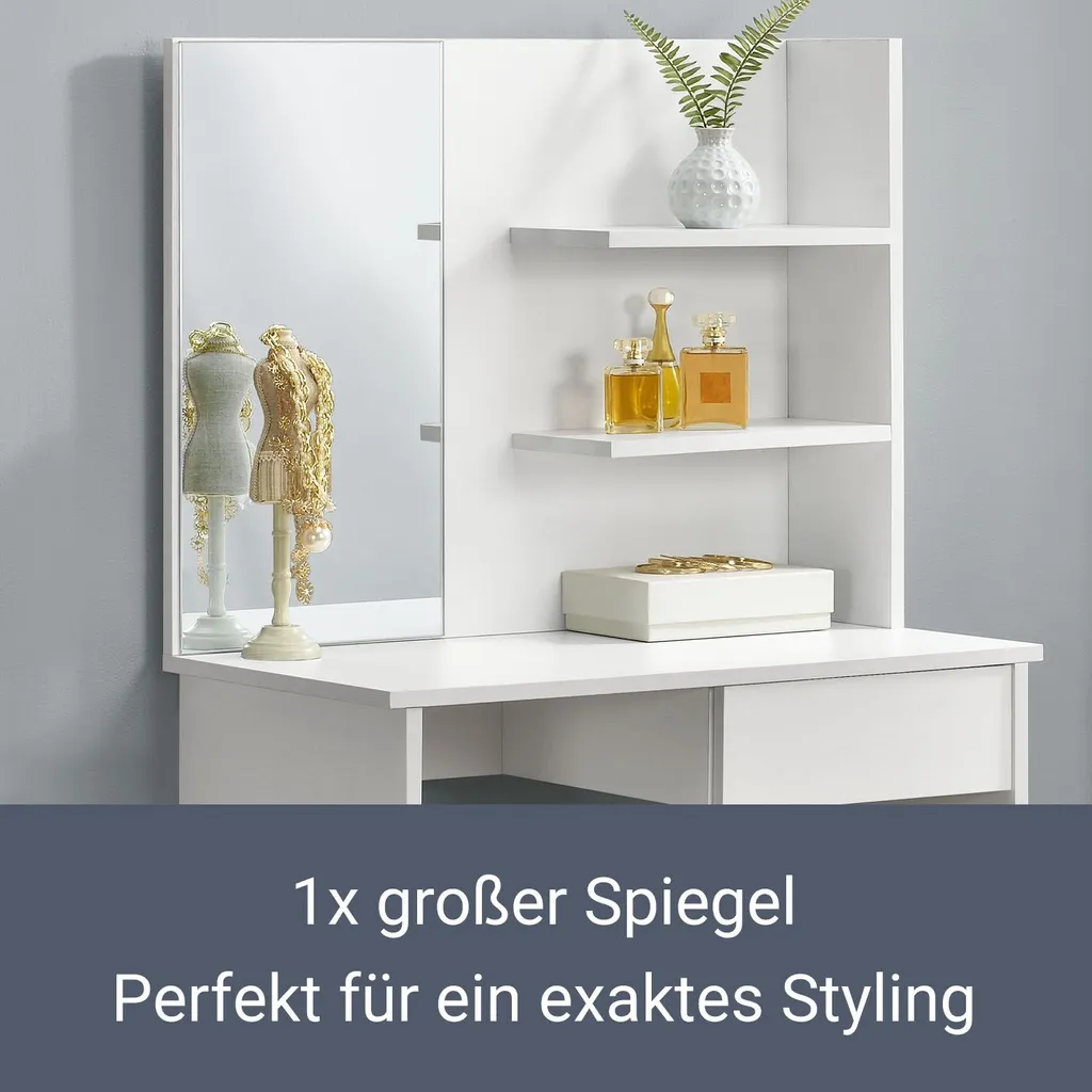Juskys Schminktisch Jenna – Eleganter Kosmetiktisch 75 X 40 X 135 Cm In Weiß – Moderner Frisiertisch Aus Holz Mit Spiegel, Schublade & 2 Ablagefächern 4 Juskys Schminktisch Jenna – Eleganter Kosmetiktisch 75 X 40 X 135 Cm In Weiß – Moderner Frisiertisch Aus Holz Mit Spiegel, Schublade & 2 Ablagefächern – Bild 4