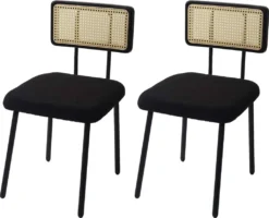 2er-Set Esszimmerstuhl HWC-K88, Lehnstuhl Stuhl, Holz Poly-Rattan Metall Bouclé Stoff/Textil Schwarz
