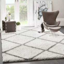 Hochflor Teppich Weicher Wohnzimmer Shaggy Skandi Design Rautenmuster Grau Creme , Maße:160x220 Cm