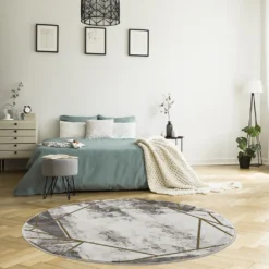 Teppich Wohnzimmer – Gold Grau - Kurzflor- Marmor Optik - Geometrisch, Größe:160 Cm Rund -Vidaxlko Verkaufe 94d148688a37709bb95c8336cc8f2677