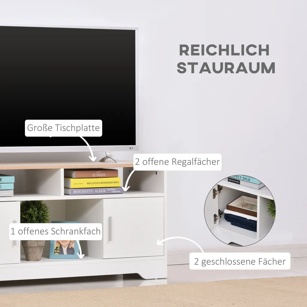HOMCOM TV-Lowboard Fernsehschrank TV-Bank Mit 2 Schränken Und 3 Offenen TV-Kommode Bis Zu 50 Zoll Fernsehtisch Unterschrank Kabelführungsöffnung Spanplatte Weiß+Naturholz 105 X 40 X 52 Cm 4 HOMCOM TV-Lowboard Fernsehschrank TV-Bank Mit 2 Schränken Und 3 Offenen TV-Kommode Bis Zu 50 Zoll Fernsehtisch Unterschrank Kabelführungsöffnung Spanplatte Weiß+Naturholz 105 X 40 X 52 Cm – Bild 4